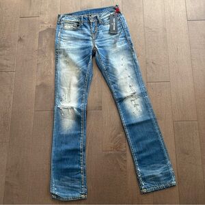 TRUE RELIGION Billie Straight Cable Stitch Mid Rise Faded Distressed Size 28 New